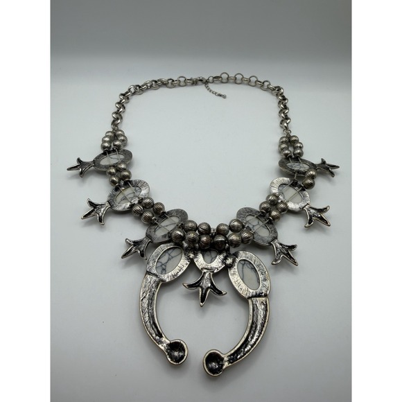 Southwestern Squash Blossom Naja Necklace White Faux Turquoise Silver Tone 22in - Picture 2 of 13